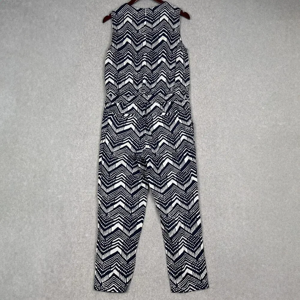 J. Crew Navy Blue White Cotton Linen Blend Sleeveless Jumpsuit Size 4